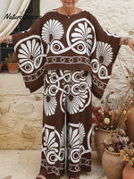 Bohemian Casual Printed Linen Top And Pants Two-piece Set