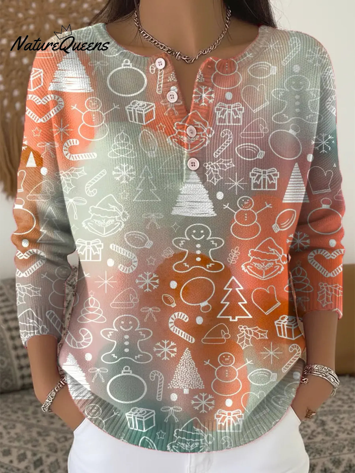 Women's Christmas Pattern Art Print Casual Cardigan Sweater