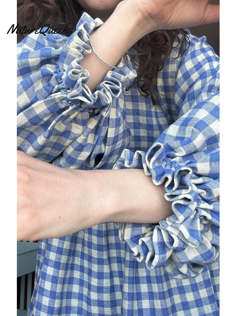 Women's Cotton And Linen Plaid Lantern Sleeve Dress