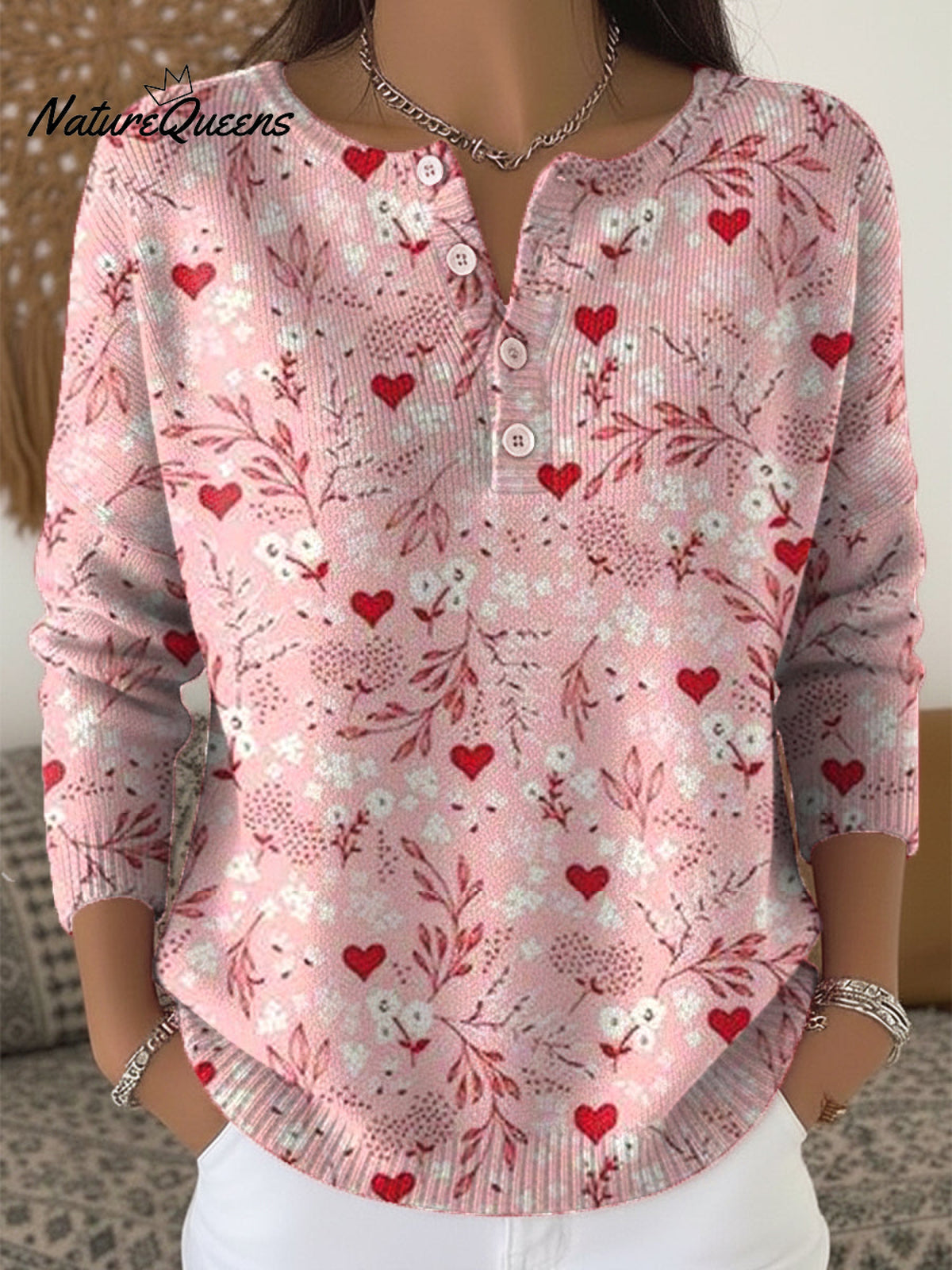 Women's Retro Plaid Heart Art Print Valentine's Day Casual Sweater