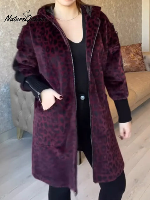 Women's Angolan Leopard Print Zip-Up Hooded Coat