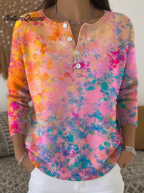 Women's Gradient Floral Pattern Art Print Buttoned Cardigan Sweater