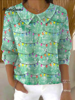 Women's Christmas Lights Print Casual Peter Pan Collar 3/4 Sleeve Sweater