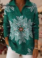 Christmas Snowflake Gradient Art Pattern Polo Collar Shiny Loose Sweater Top