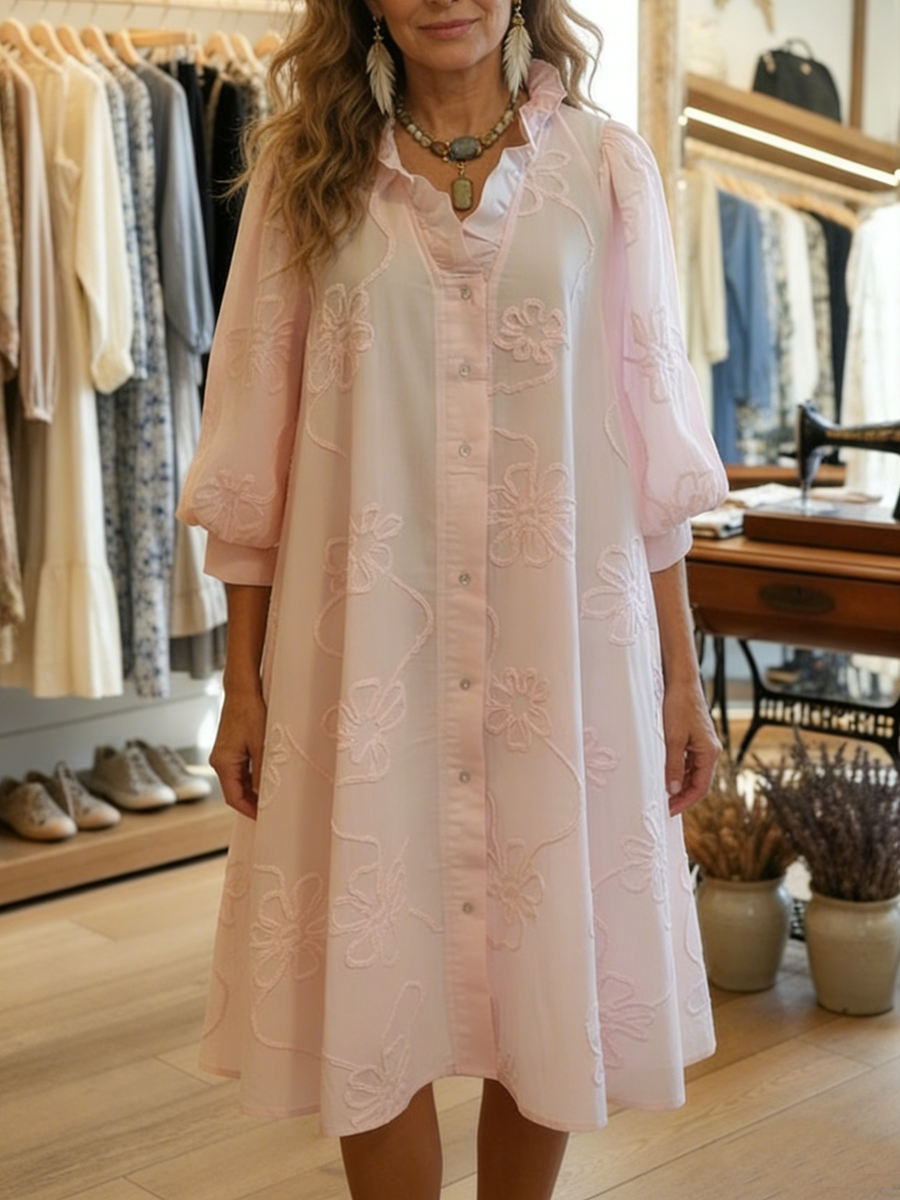 Casual Romantic Ruffled Collar Denim Shirt Dress