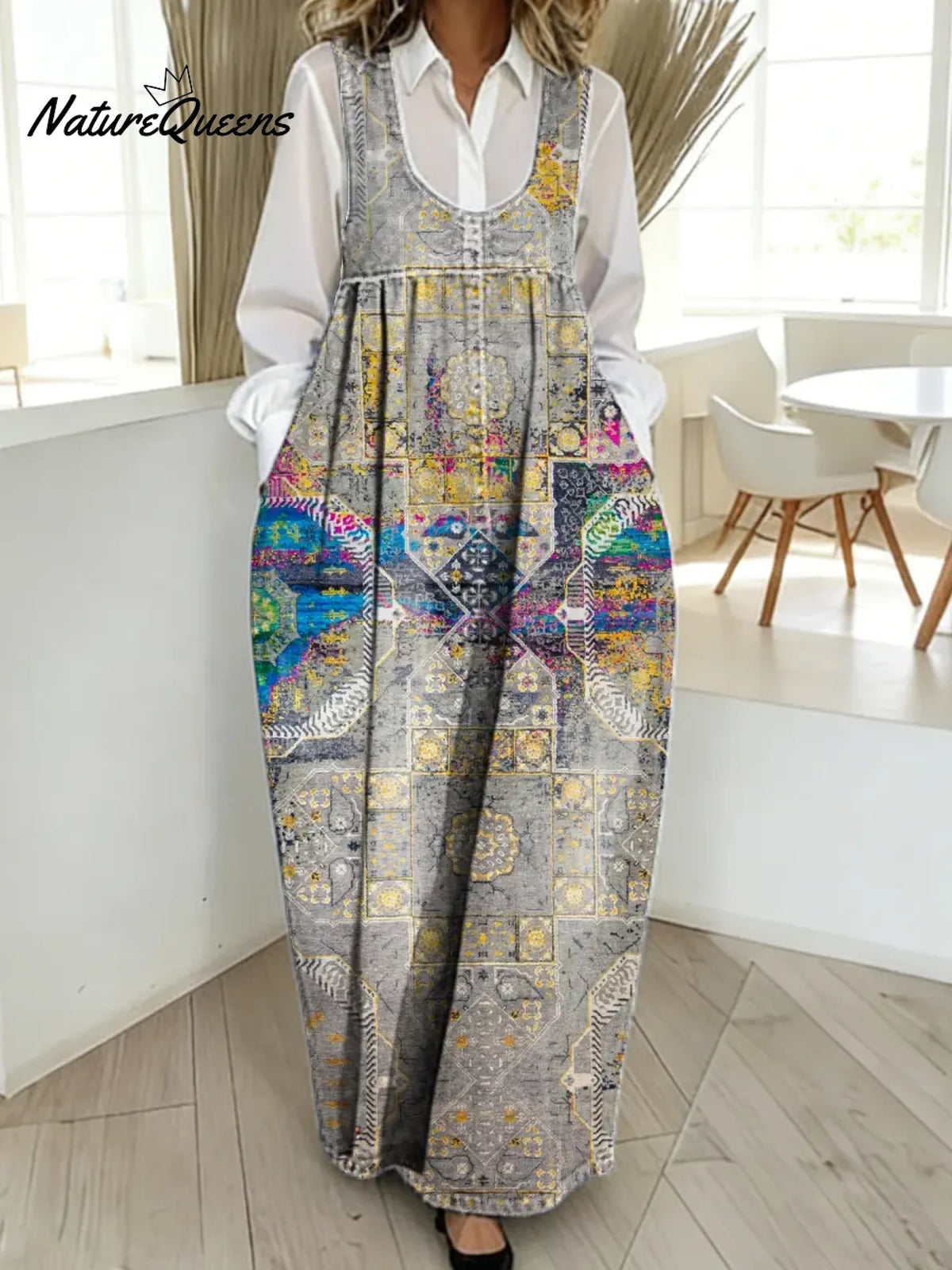 Women's Vintage Pattern Art Print Casual Cotton Denim Dress