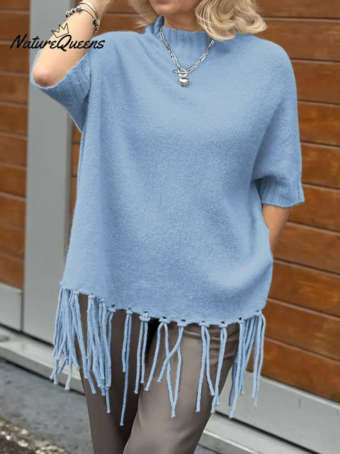 Women's Solid Color Stand Collar Three-Quarter Sleeve Casual Loose Tassel Knit Top