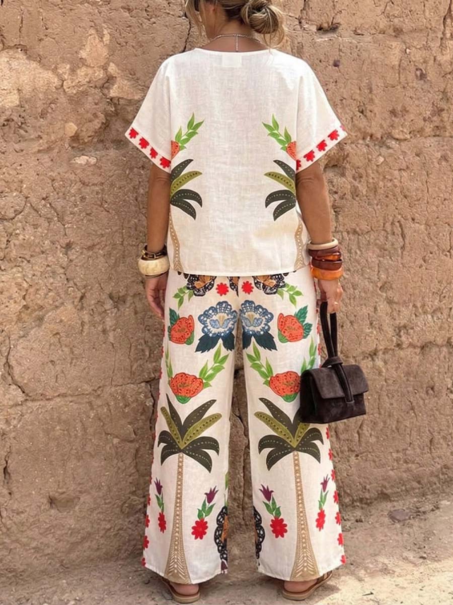 Women's Casual Cotton-linen Set: V-neck Short-sleeve Loose-fit Top With Placement Print & Elastic-waist Wide-leg Pants