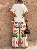 Women's Casual Cotton-linen Set: V-neck Short-sleeve Loose-fit Top With Placement Print & Elastic-waist Wide-leg Pants