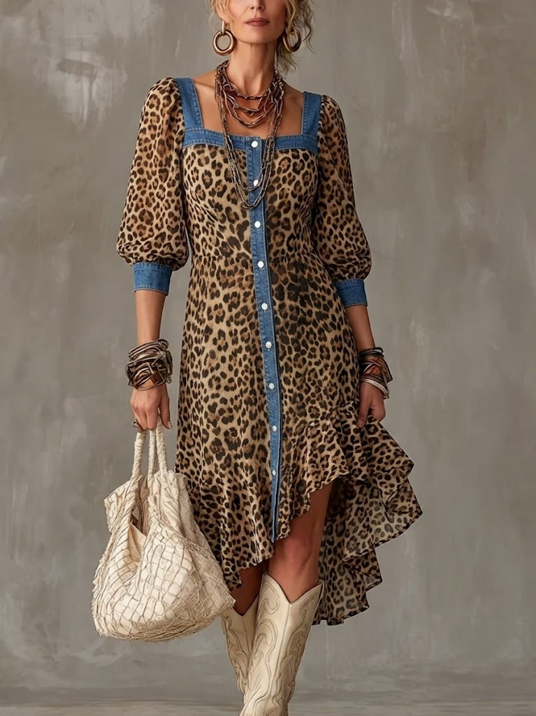 Casual Spliced denim & Leopard-print Chiffon Dress