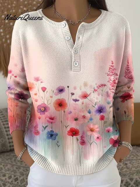 Retro Gradient Watercolor Flowers Print Buttoned Cardigan Sweater