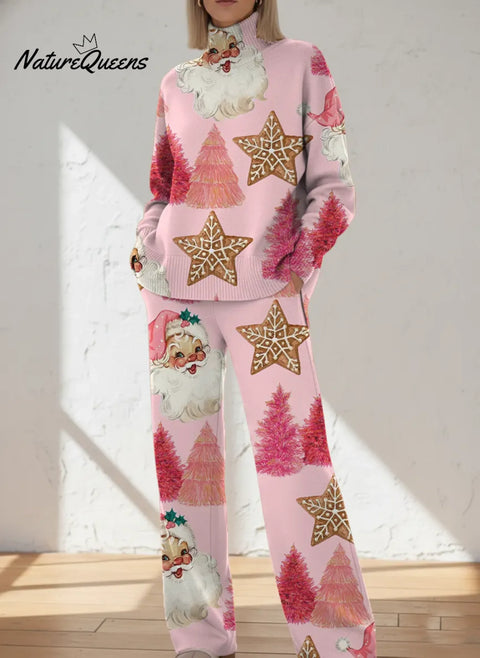 Women's Retro Christmas Santa  Art Print Casual Knit Set