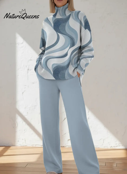 Retro Blue Lines Printed Casual High-neck Top And Straight-leg Pants Set