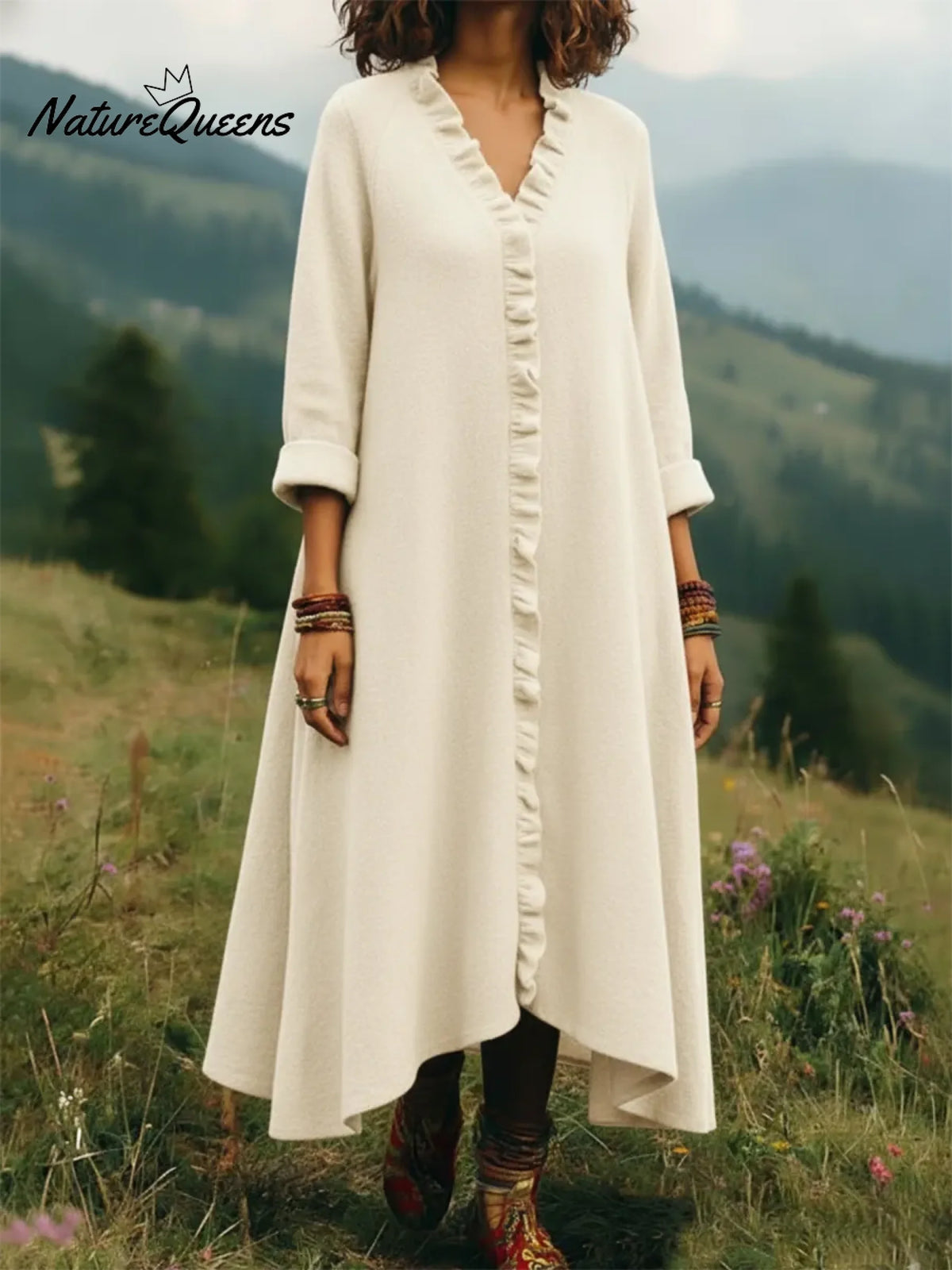 Elegant Lace-trimmed V-neck Knitted Dress