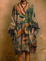 Gradient Graffiti Decorative Pattern Short Sleeve Cotton Linen Dress