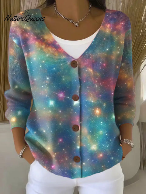 Gradient Colorful Art Print Buttoned V-neck Cardigan Sweater