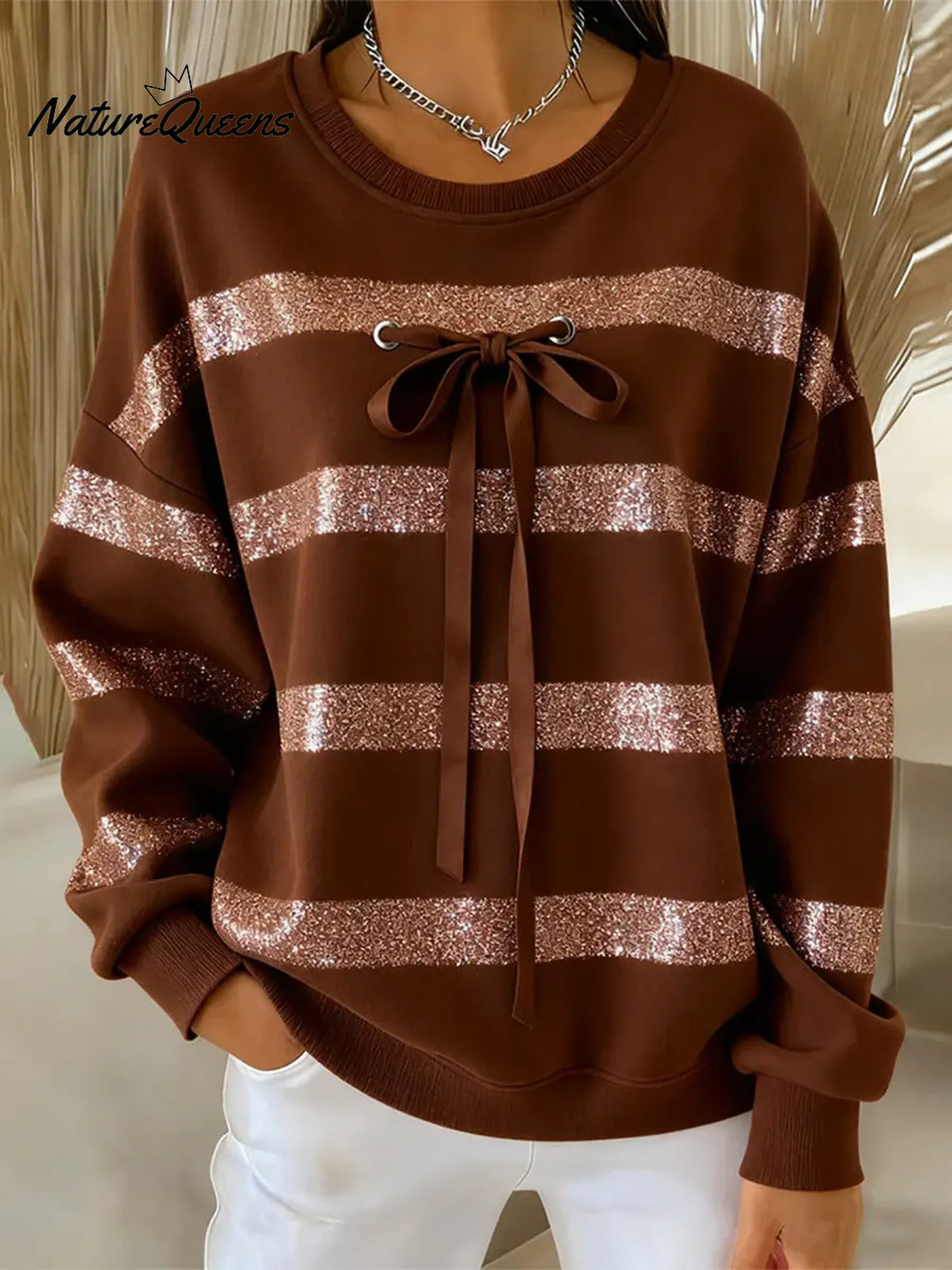 Women's Casual Striped Cotton Sweatshirt With Bow