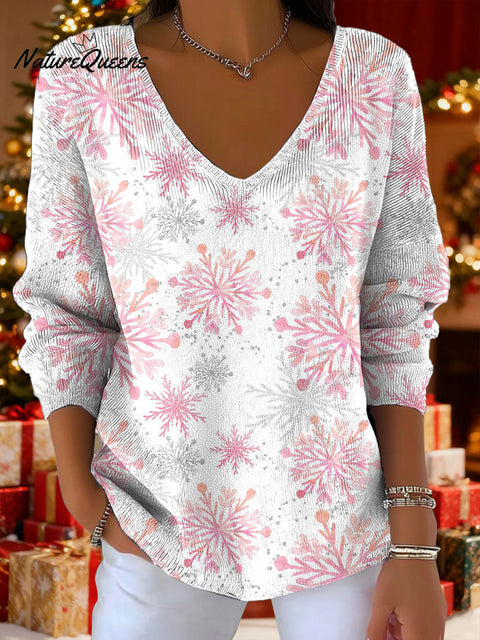Women's Christmas Snowflake Pattern Art Print V-neck Solid Color Loose Shiny Sweater