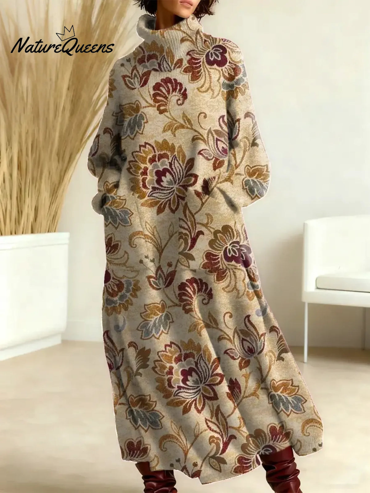 Women's Floral Pattern Art Print Casual Cotton Knitted Dress