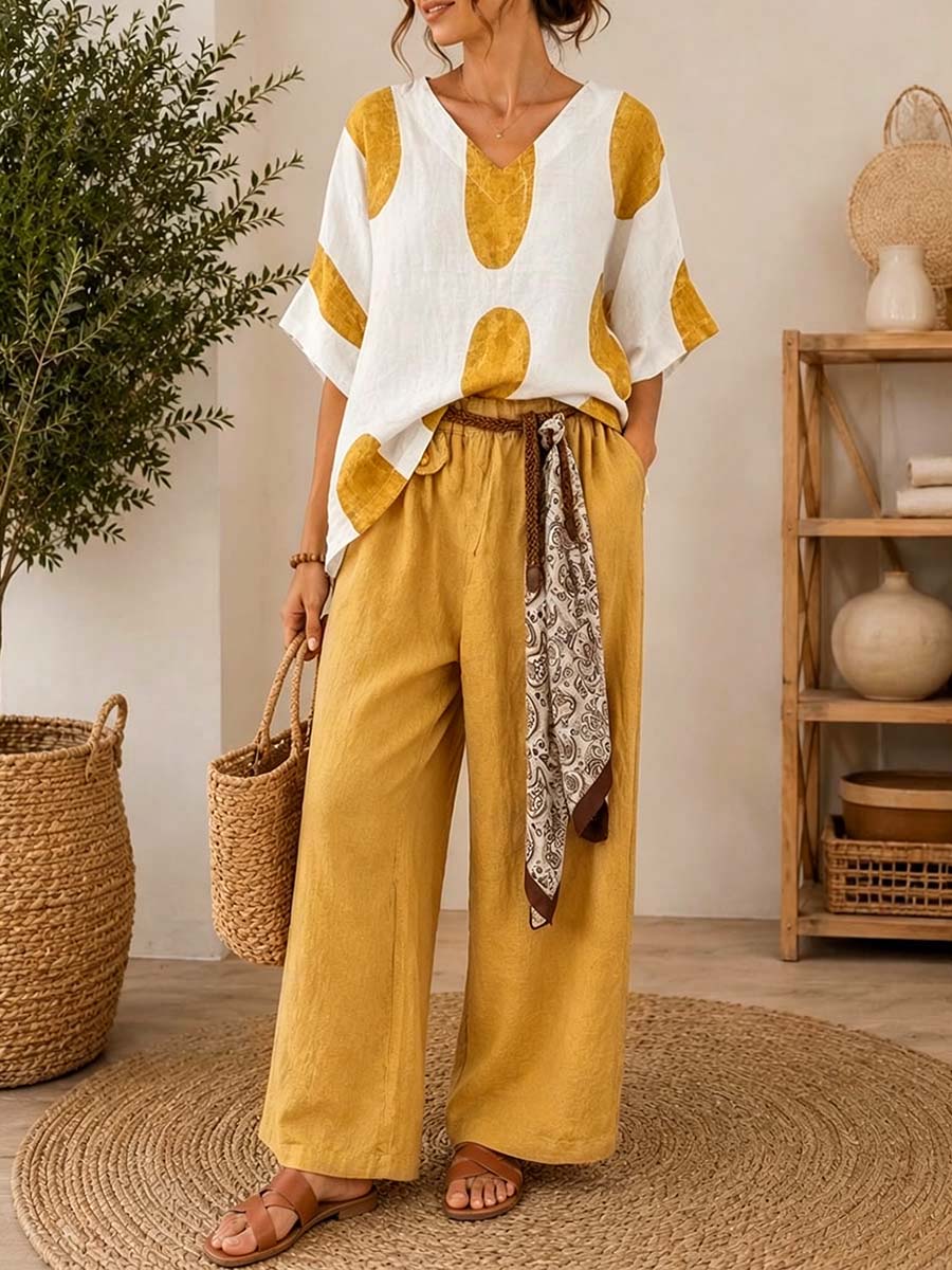 Women's Retro Geometric Print V-neck 3/4-sleeve Loose-fit Cotton-linen Top & Solid High-waisted Wide-leg Pants Set