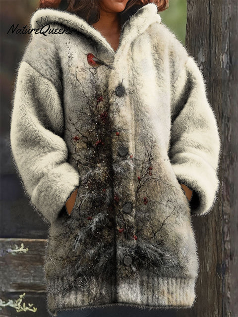 Women's Retro Christmas Tree Snowflake Pattern Art Print Casual Plush Warm Coat