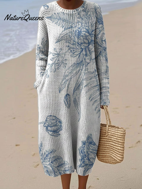 Elegant Sketch Floral Decorative Pattern Women's Casual Round Collar Long Sleeve Dress