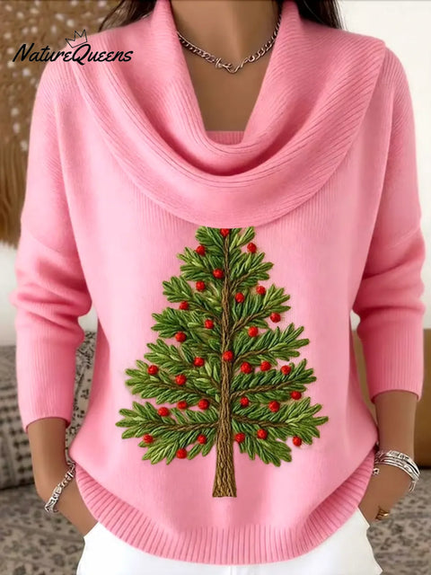 Women's Christmas Tree Art Print Cowl Neck Sweater