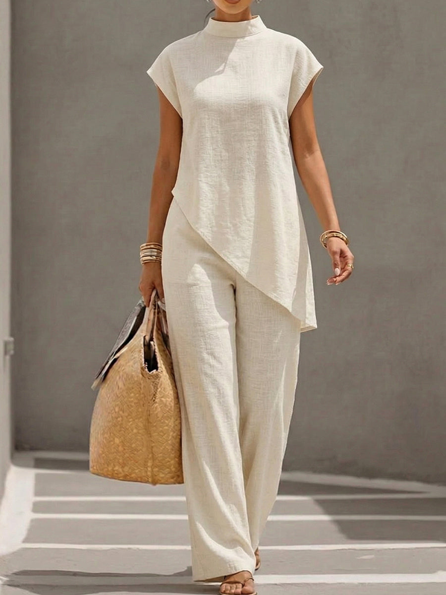 Women's Mock-neck Sleeveless Asymmetrical Hem Top And Pants
