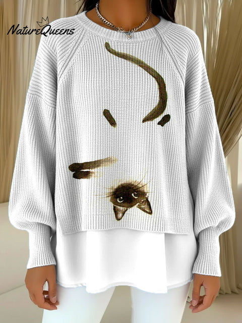 Cute Cat Rolling Decoration Pattern Women's Casual Round Collar Long Sleeve Sweater
