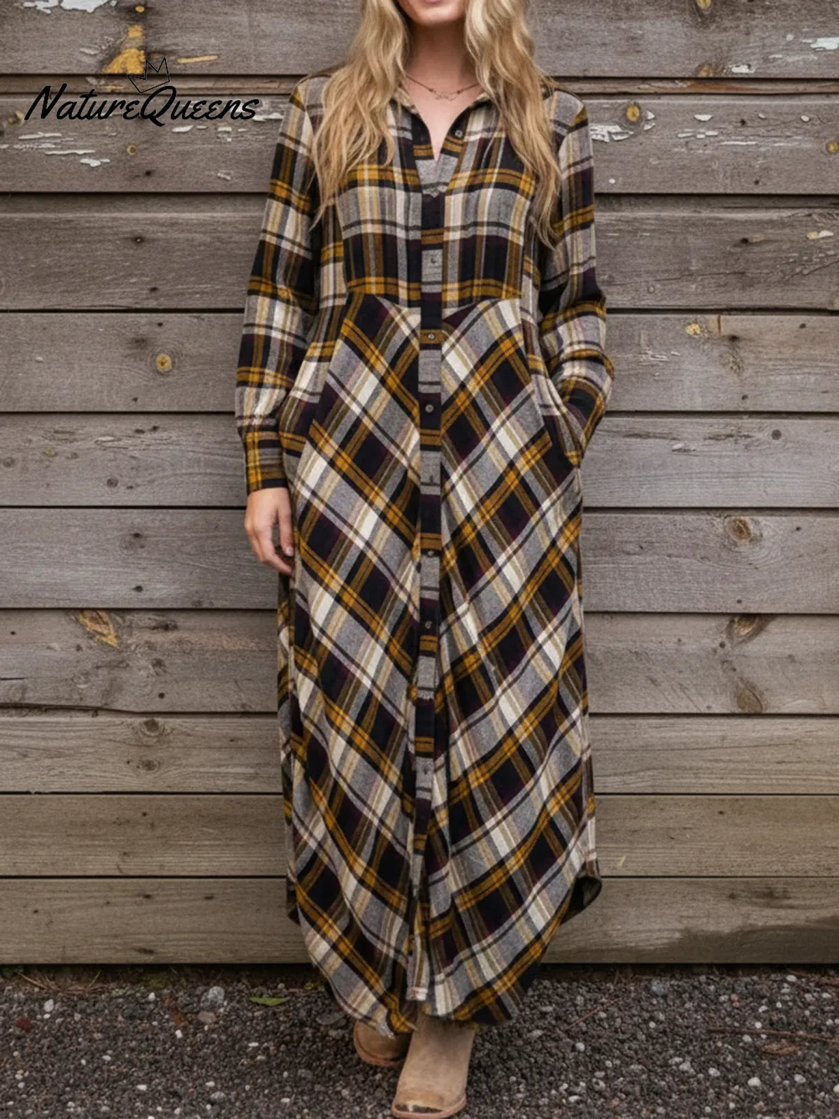 Comfortable Plaid Pleated Patchwork Shirt Dress