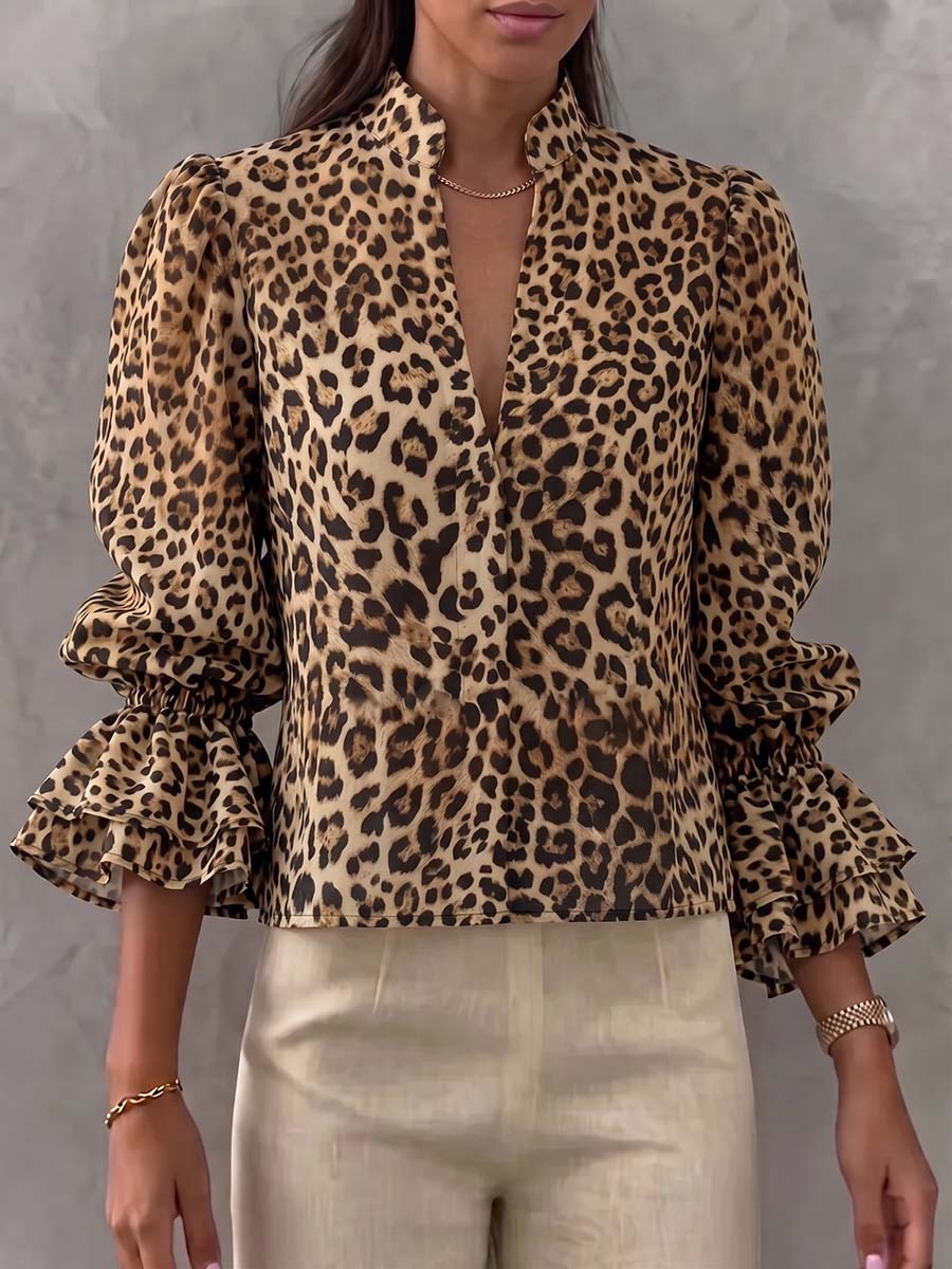 Women's Leopard Print V-neck Long-sleeve Casual Loose Top