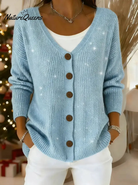 Women's Solid Color V-Neck Casual Loose Sequined Knit Cardigan