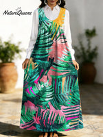 Women's Retro Splicing Colorful Leaf Pattern Art Print Casual Cotton Denim Dress