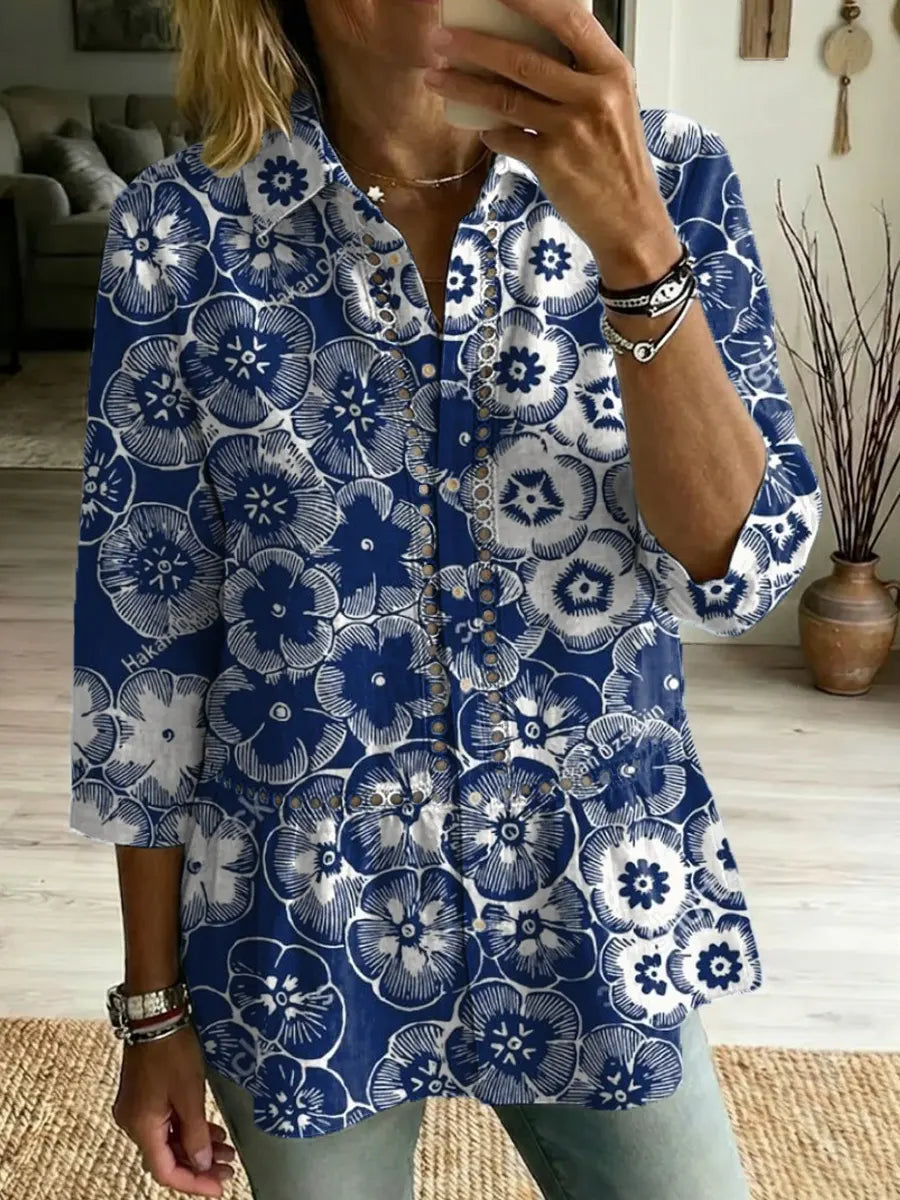 Women's Retro Floral Art Print Casual Lapel Cotton Shirt