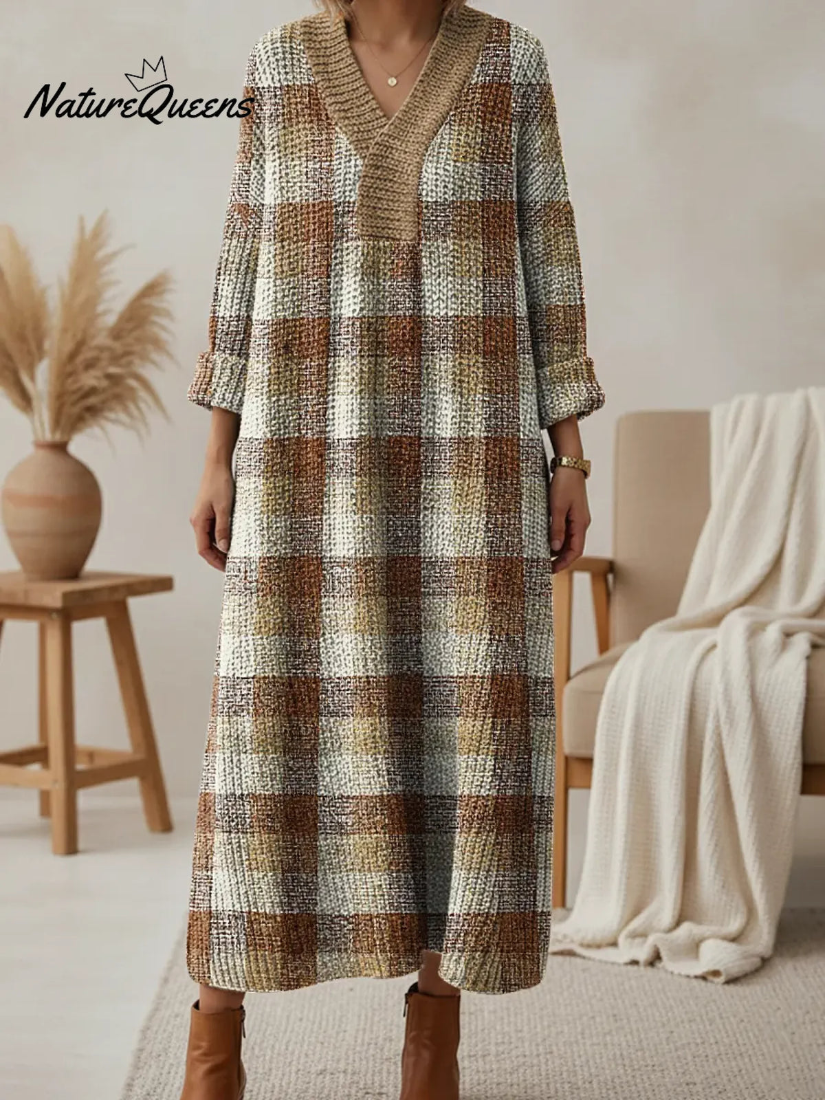 Women's Retro Plaid Art V-neck Knit Dress