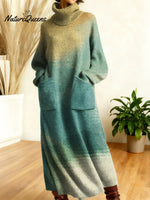 Women's Retro Colors Gradient Patterns Art High-neck Long-sleeve Casual Loose Knit Dress