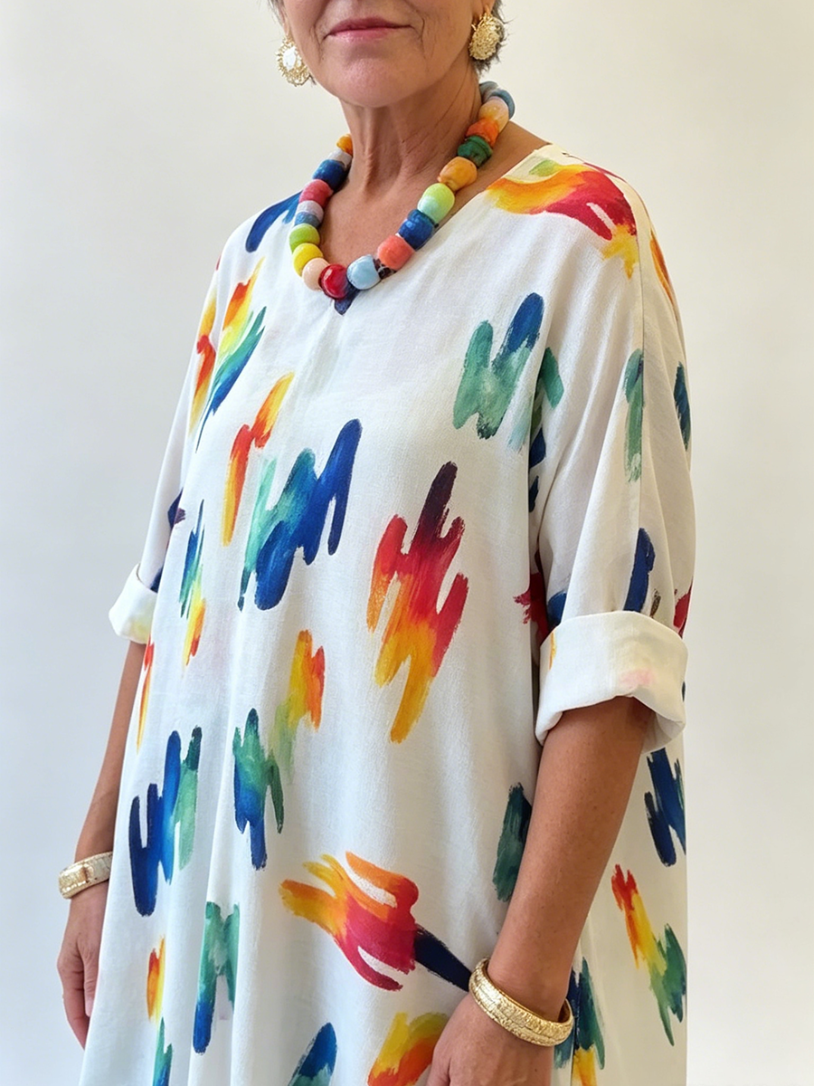 Rainbow Splatter Print V-neck Cotton Top