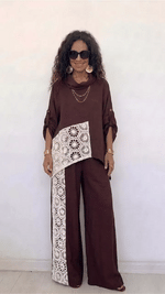 Women's Two-piece Set: Linen-blend Crew-neck Top And Wide-leg Pants With Lace-panel Detail – Casual Outfit