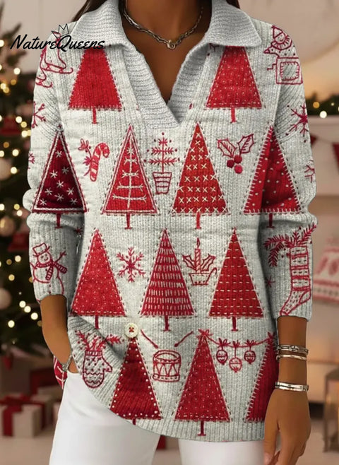 Women's Christmas Tree Art Print Casual Cotton Sweater