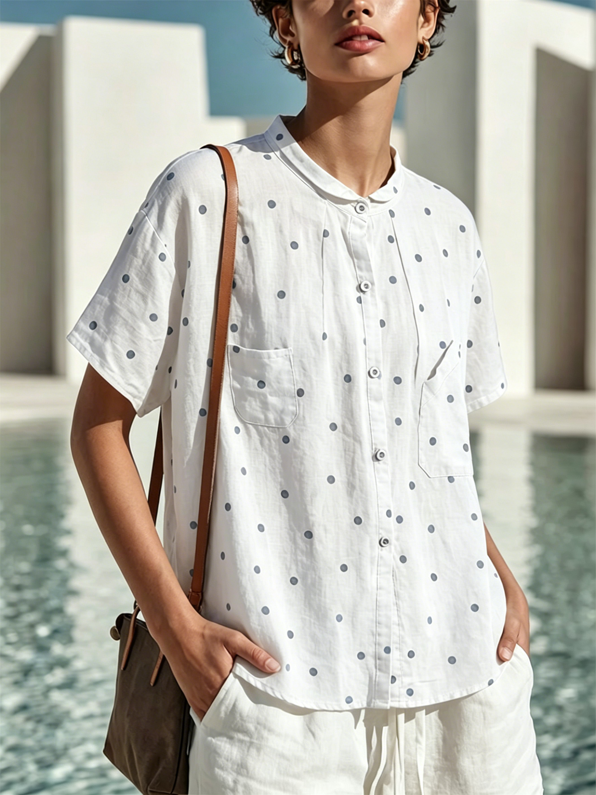 Camisa de manga corta de lino y algodón con lunares