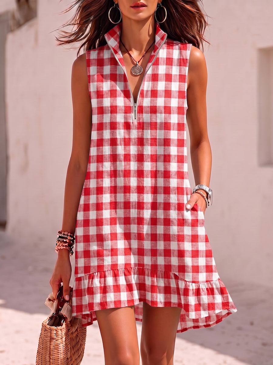Vintage-style Stand-collar Gingham Cotton-linen Dress