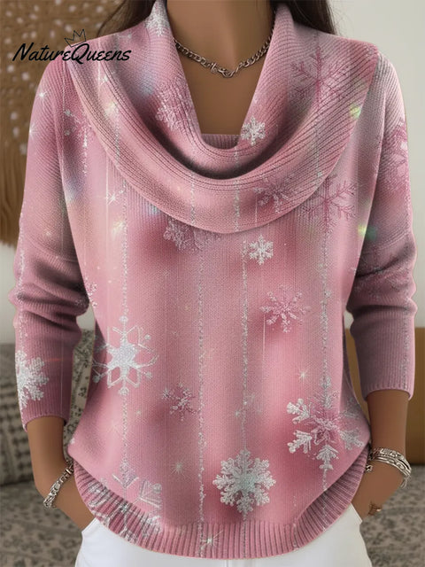 Women's Pink Snowflakes Print Cowl Neck Sweater