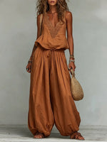 Women's Cotton-linen Embroidered Vest Lantern Wide-leg Pants