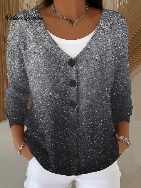 Women's Gradient Print V-Neck Long Sleeve Casual Loose Sequined Top