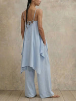 Women Light Blue Linen Blend 2 Piece Outfit, Spaghetti Strap Side Split Long Cami Top + High Waist Wide Leg Pants Casual Lounge Set