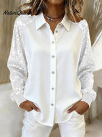 Women's Sequined Sleeve Patchwork Long-sleeved Velvet Loose Shirt