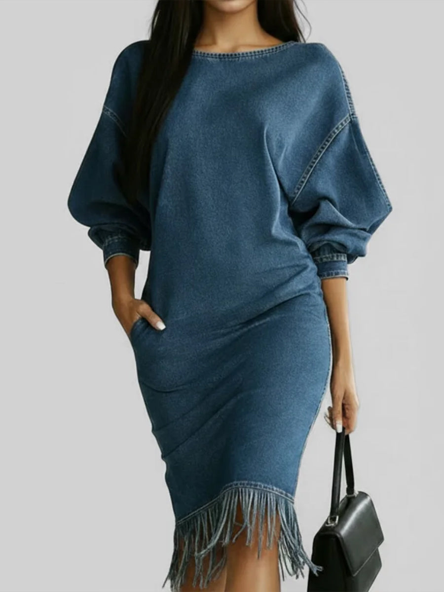 Casual Denim Dress With Tassels