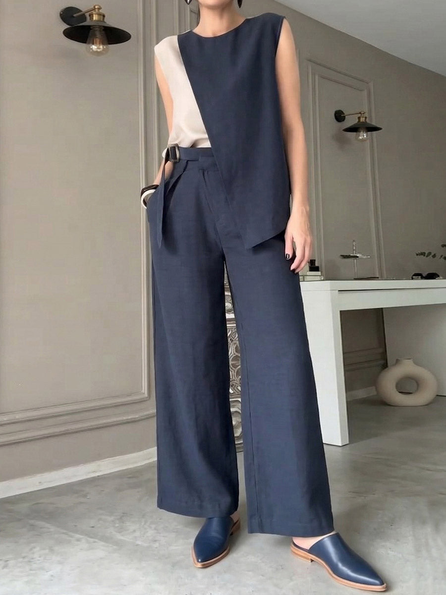 Women's Cotton-Linen Set: Round-Neck Sleeveless Color-Block Top & High-Waisted Loose-Fit Wide-Leg Pants