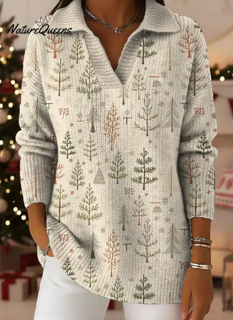 Women's Christmas Tree Pattern Art Print Casual Cotton Sweater