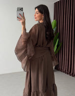 Women's Crew Neck Ruffled Flare-sleeve Midi Dress – Chiffon Dress With Waist Tie And Ruffle Details